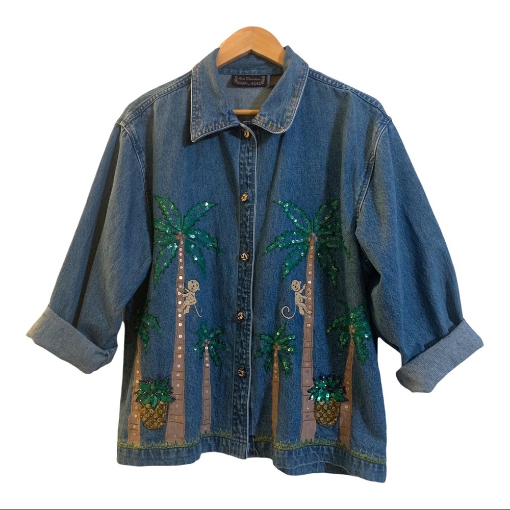 Denim Jeans Jacket Monkey & Tropical Embellishments L